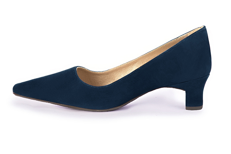 Navy blue women's dress pumps,with a square neckline. Tapered toe. Low kitten heels. Profile view - Florence KOOIJMAN